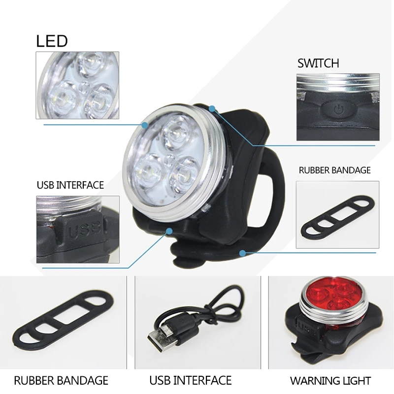 ONGE 6X Outdoor Bicycle Waterproof COB 3 LED USB Rechargeable 4 Modes Bike Night Ridefront Head Light & Rear Tail Light