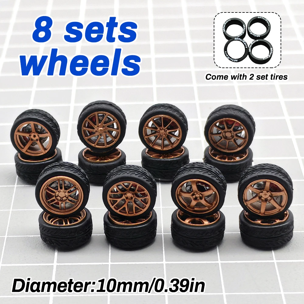 1/64 Model Car ABS 8 Sets Wheels with 2 Sets Rubber Tires Model Brake Disc Diameter 10mm Upgrade Refitting Parts for Tomica