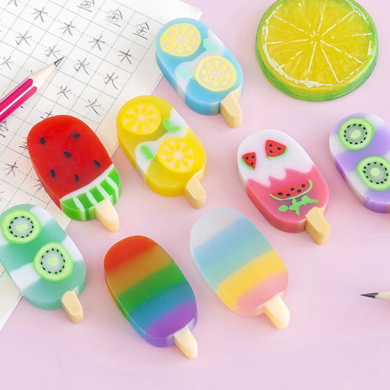Gomas Kawaii de goma de hielo para niños y estudiantes, material escolar de papelería, goma de borrar de comida fresca, novedad de verano, 4 unidades por juego