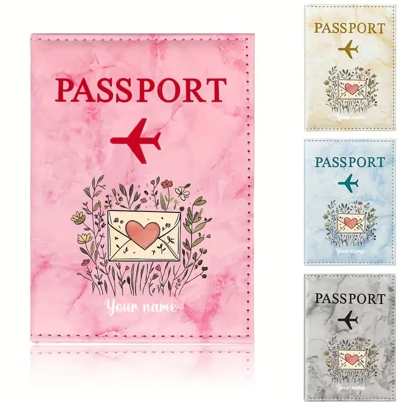 Personalized Custom Name Wildflower Heart Envelope Illustration PU Passport Holder, Featuring a Warm-Toned Heart-Shaped Envelope