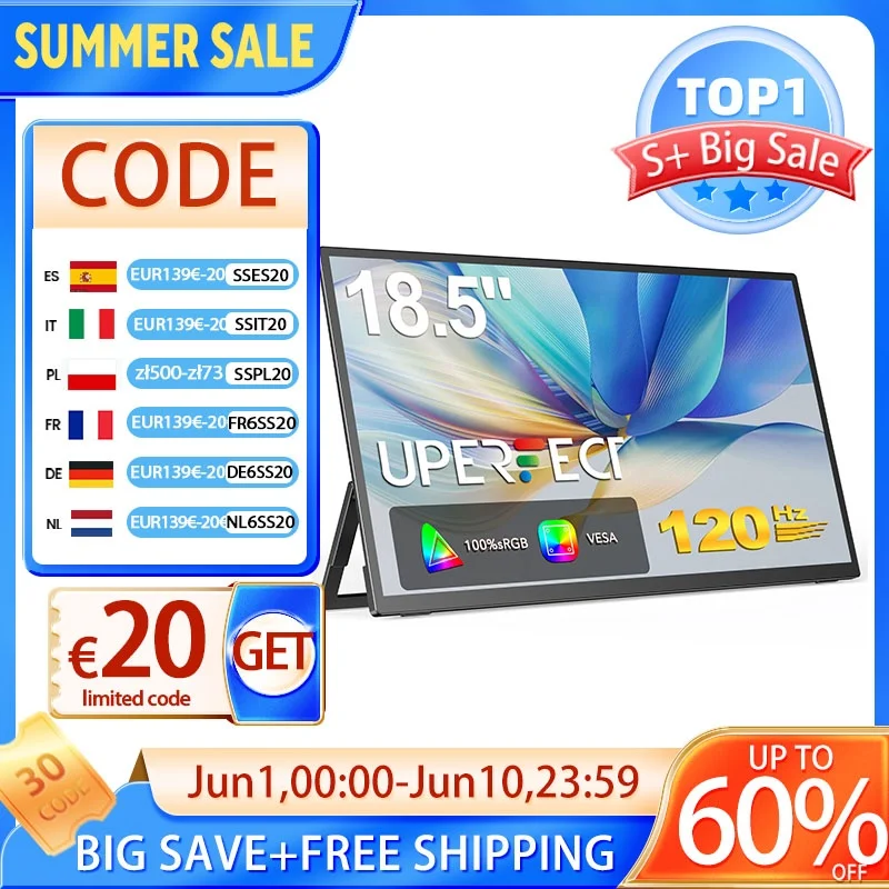 UPERFECT Moniteur LCD IPS de 18,5 pouces avec taux de rafraîchissement 120 Hz 1080p FHD HDR Portable Computer Screen HDMI Écran USB C Écran externe avec deux haut-parleurs rotatifs VESA USB OTG pour