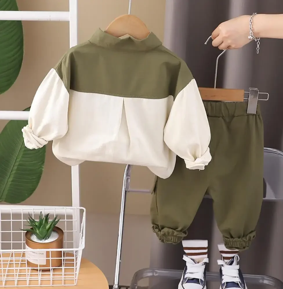 Toddler Outfit 2024 Spring Autumn Kids Baby Sets 1 To 2 Years Patchwork Cargo Turn-down Collar Shirts and Pants Infant Clothes