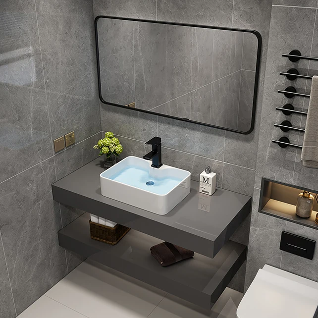 New Design Bathroom Cabinet Washbasin Floating Marble Slate Burnt Stone Bathroom Cabinet Vanity 3