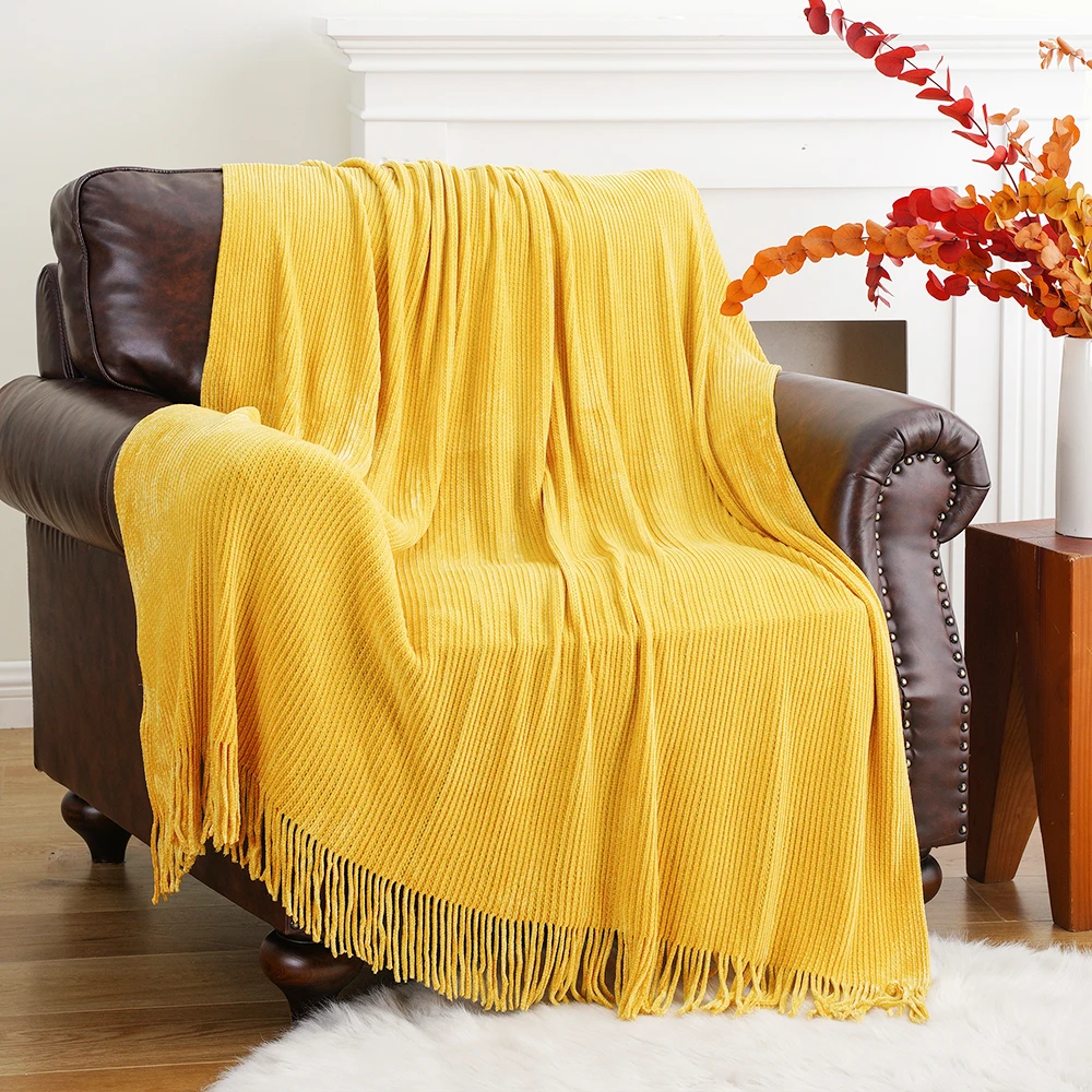 Battilo Chenille Knit Blankets with Tassels Caramel Plaid Throw Blanket for Bed Couch Decorative Sofa Blanket Bedroom Fall Decor