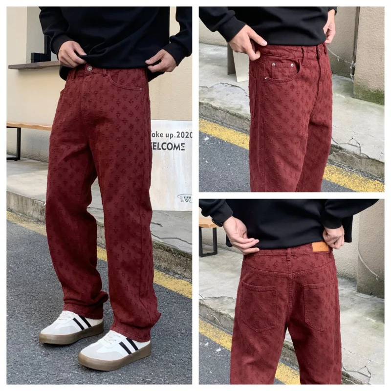 

Red Jeans Men's Street Hip-Hop American Style Loose Straight Vintage Embroidery Fashion Trend Wide Leg Mop Pants