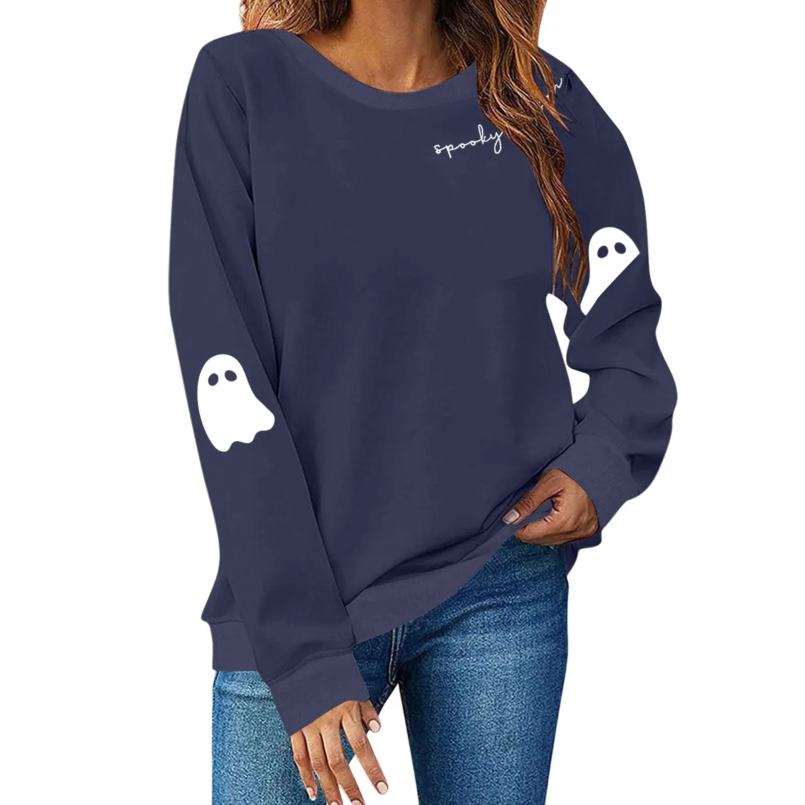 

Женская мода Хэллоуин тема свободный свитшот с длинным рукавом повседневный и универсальный комфортный легкий пуловер с круглым вырезом топ