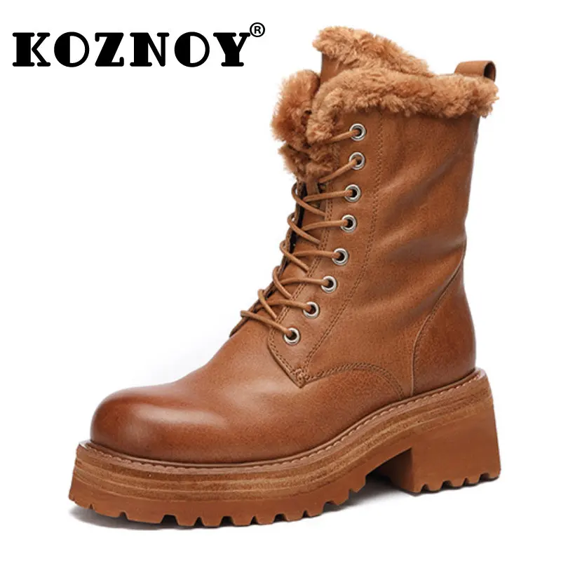 Koznoy 5cm Natural Genuine Leather Moccasins for Women British Mid Calf Boots Platform Wedge Spring Winter Plush Ankle ZIP Shoes