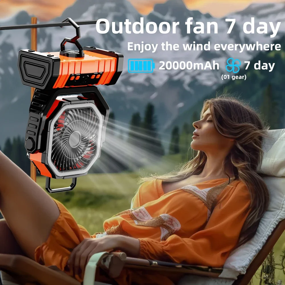 

Portable Camping Fan LED Light Rechargeable 20000mAh Desktop Outdoor Circulator Wireless Electric Fan with Hook Tent Lantern