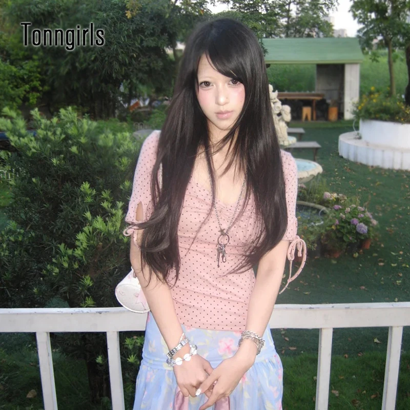 Tonngirls Korean Style Polka Dot T-shirt Women Short Sleeve Slim Y2k Vintage Top Japanese 2000s Fairycore Crop Tops Streetwear