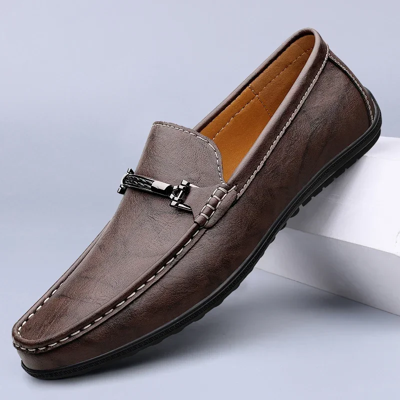Luxury Brand Black Metal Buckle Loafers Men's Flat Driving Shoes Men's Casual Shoes Leather Non-slip Formal Handmade Moccasin