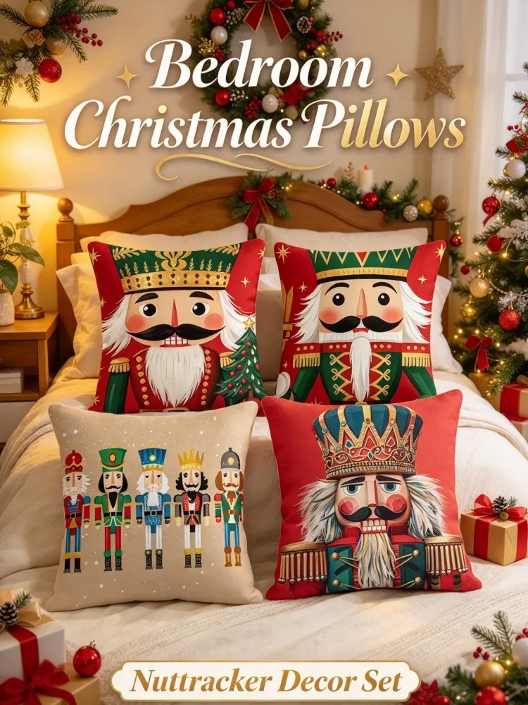VIKAMANew Arrival Nutcracker Pillow Covers Set , Christmas Soldier Decorative Cushion Cases, Red Green Xmas Throw Pillowcases fo