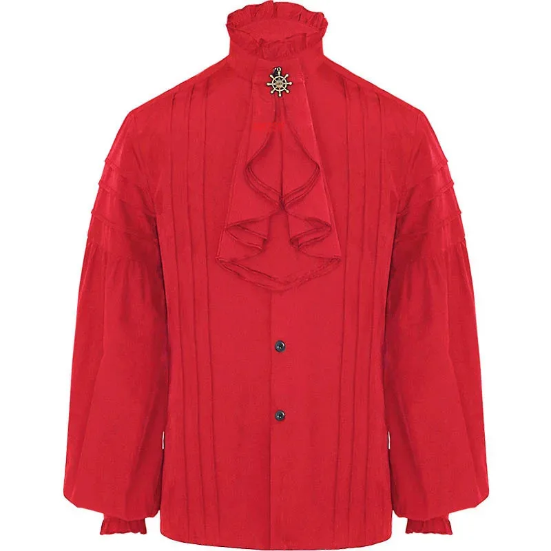 dd12White Black Red Ruffles Stand Collar Lantern Sleeve Victorian Goth Shirt Men Medieval Top Vintage Clothes Male Party Banquet