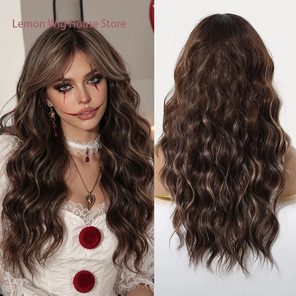 Long Wavy Highlights Brown Wig Synthetic Lolita Cosplay Wig Gradient Pink Wigs for Women Cosplay Halloween Costume Anime Wig 가발
