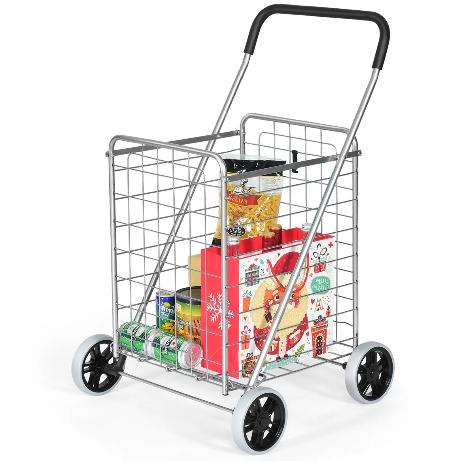 

Folding Shopping Cart Utility Trolley Portable For Grocery Laundry Travel Silver