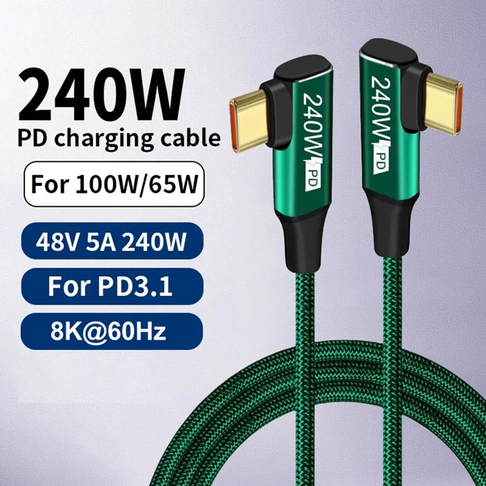 90 °   Câble de charge rapide USB C vers Type C tressé, cordon de données PD 240W 48V 5A, transmission haute vitesse pour ordinateur portable, tablette, téléphone