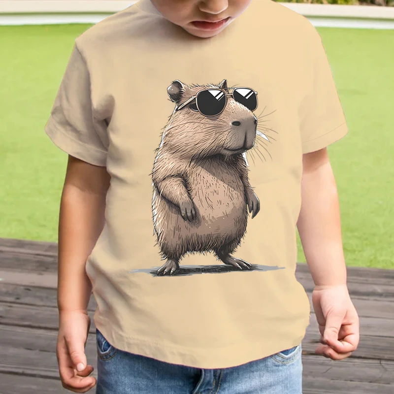 Harajuku Sunglasses Capybara Children T-shirt Cartoon Animal Summer Short Sleeve Tops Tees Funny Capybara Boys Girls Tshirt