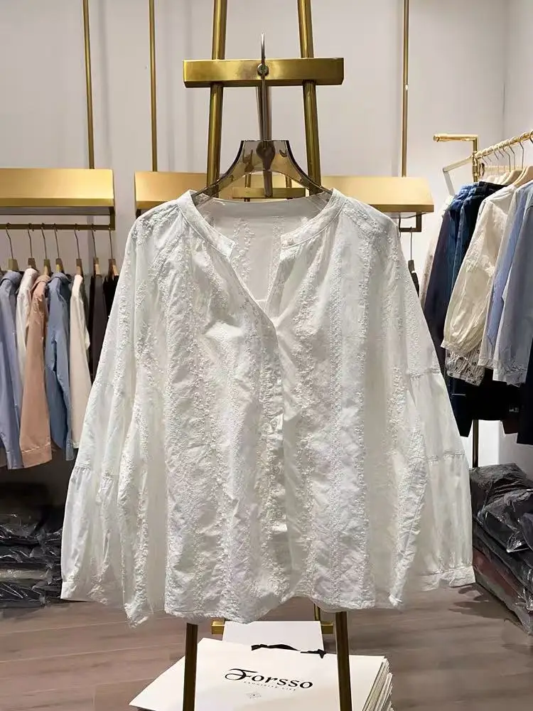 

Женская элегантная блузка из 100% хлопка, 128 см по обхвату груди, в богемном стиле, с воротником-стойкой, длинными рукавами, белая, с вышивкой.