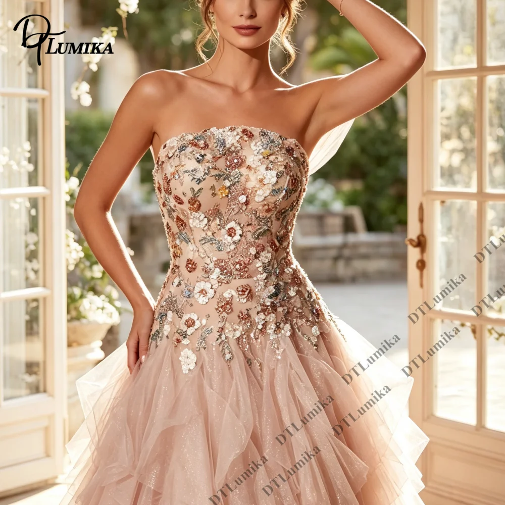 Strapless Evening Gowns Floral Embroidery High Low Train Custom Color Size Prom Party Dress Formal Pageant Quinceanera Gown