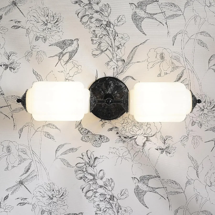 

Vintage Milk Glass Bathroom Vanity Light - 2-Light Wall Sconce with Brass Finish Base and Green Glass Shade - Wall Sconce Light