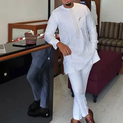 Traje de boda para hombre, conjunto de pantalones con bolsillo bordado blanco, ropa informal tradicional africana, conjuntos de 2 piezas, trajes de caftán