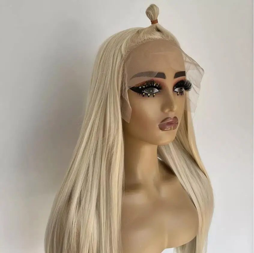 Lace Front Wig Pre Plucked Long Straight Women Synthetic Hair Bleach blonde