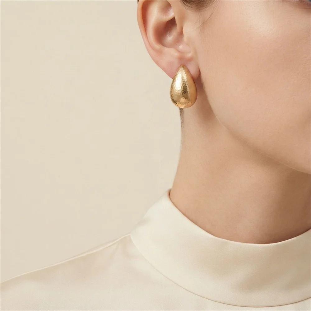 Gold Color Hammered Textured Teardrop Comma Stud Earrings Solid Bulky 3D Water Drop Shape with Dimpled Hammer Finish