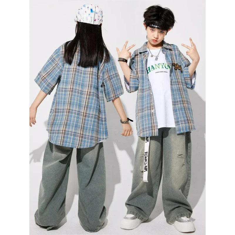 ملابس الهيب هوب اليابانية منقوشة خمر قميص ممزق الجينز الفتيات K-pop الشارع الرقص مجموعات الصبي الشارع الشهير ملابس الاطفال الجاز زي