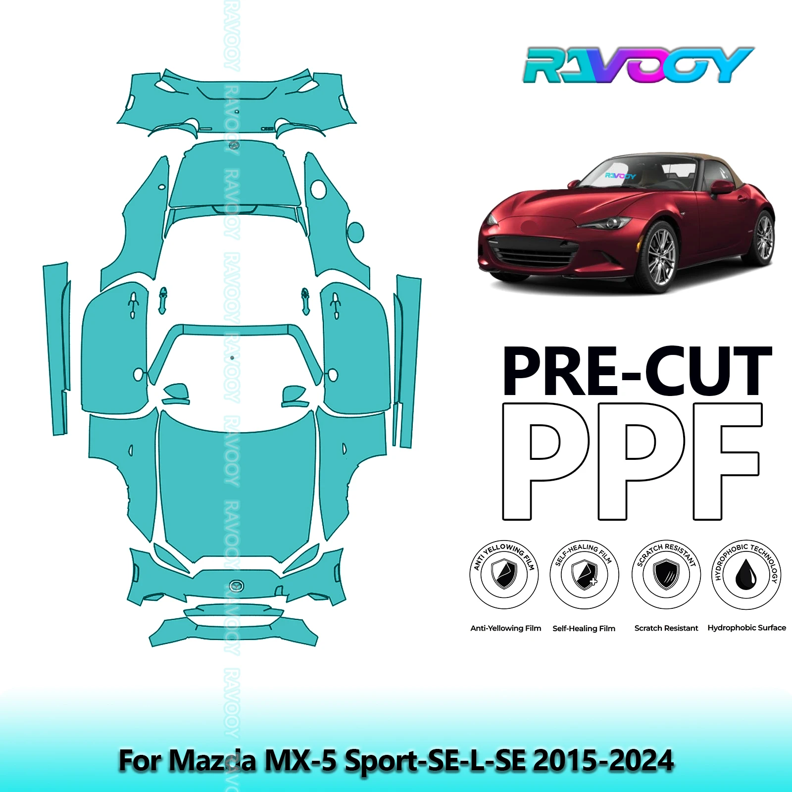 

8,5 мил предварительно вырезанная защитная пленка PPF для автомобиля Mazda MX-5 Sport-SE-L-SE 2015-2024