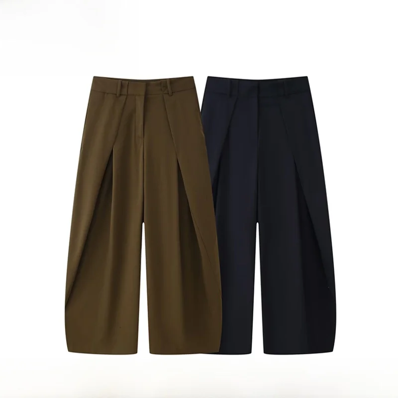 New Women's Loose Trousers Fashionable Pleated Wide Leg Pants High Waist Zipper Polyester Fiber Casual Trousers