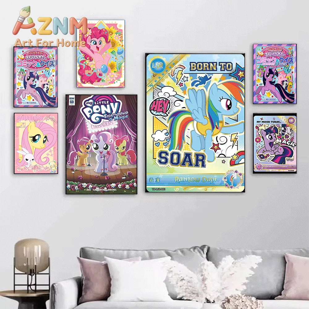 AZNM My Little Pony Magazine Cover Canvas Painting, Frameless Canvas Wall Art, Cartoon Character Wall Painting for Bedroom Liv