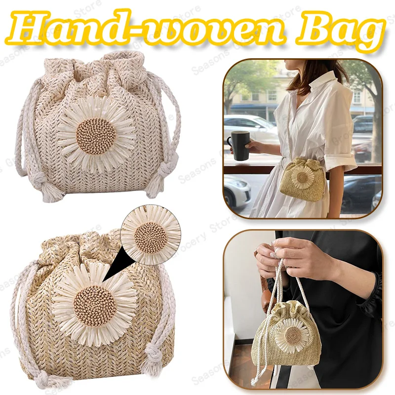 

Women's Bag Summer Beach Straw Bags Classic Texture Sunflower Drawstring Woven Bucket Crossbody Shoulder Messenger Mini Bag