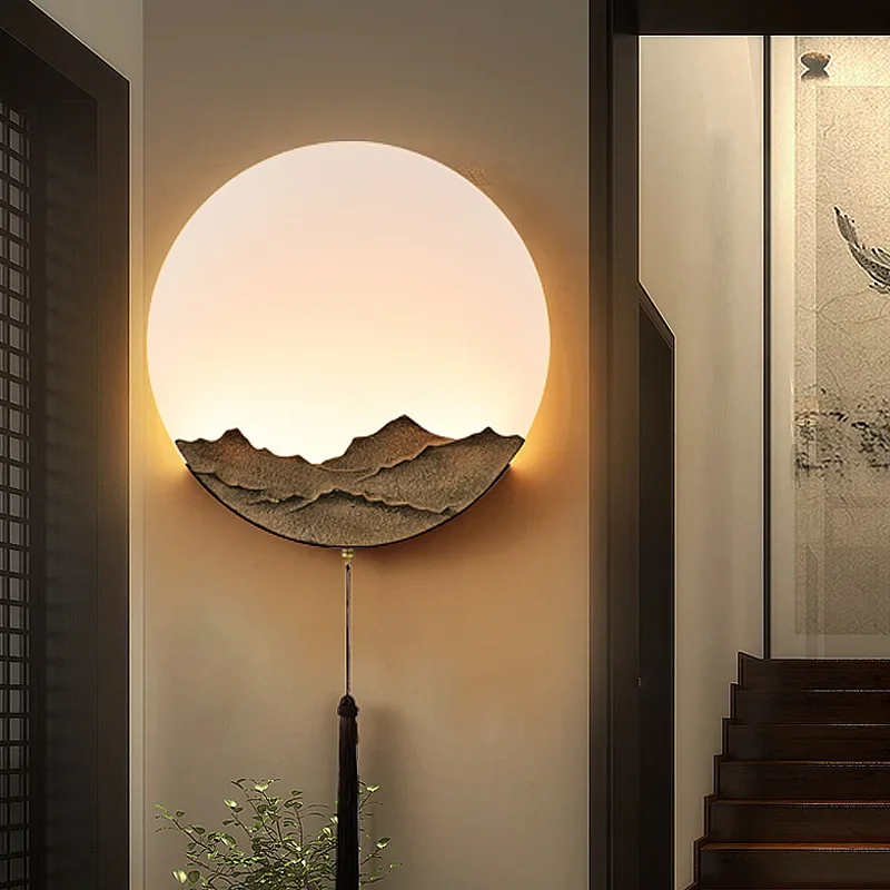 New Chinese Style Wall Lamp Resin Acrylic Mountain Moon Light Fixture Wall for Living Room Bedroom TV Background Wall Aisle Deco