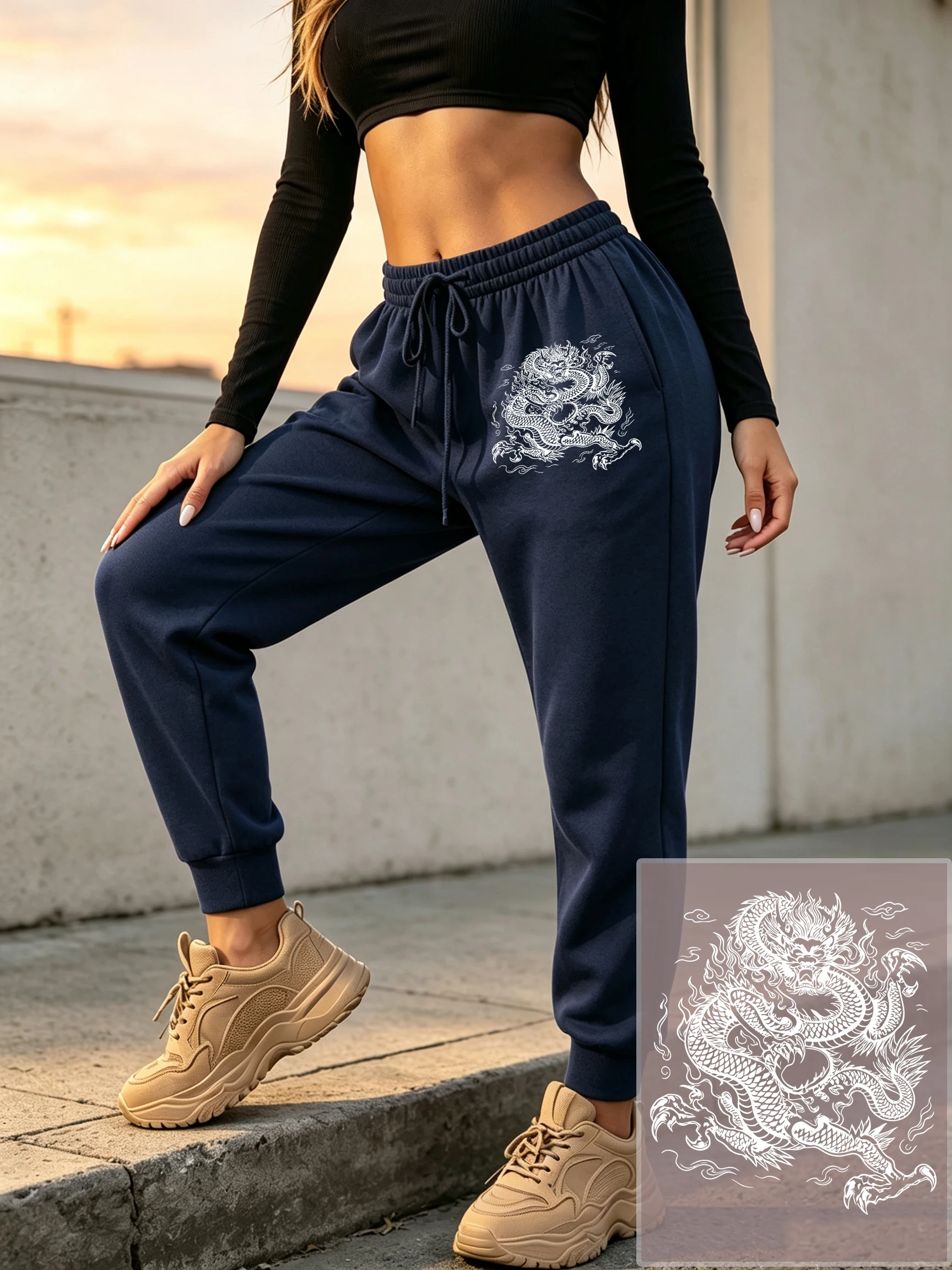 Harajuku Japanese Dragon Print Women'S Sweatpants Casual Autumn Jogging Pants Hip Hop Fleece Pant Oversized Korean Trouser