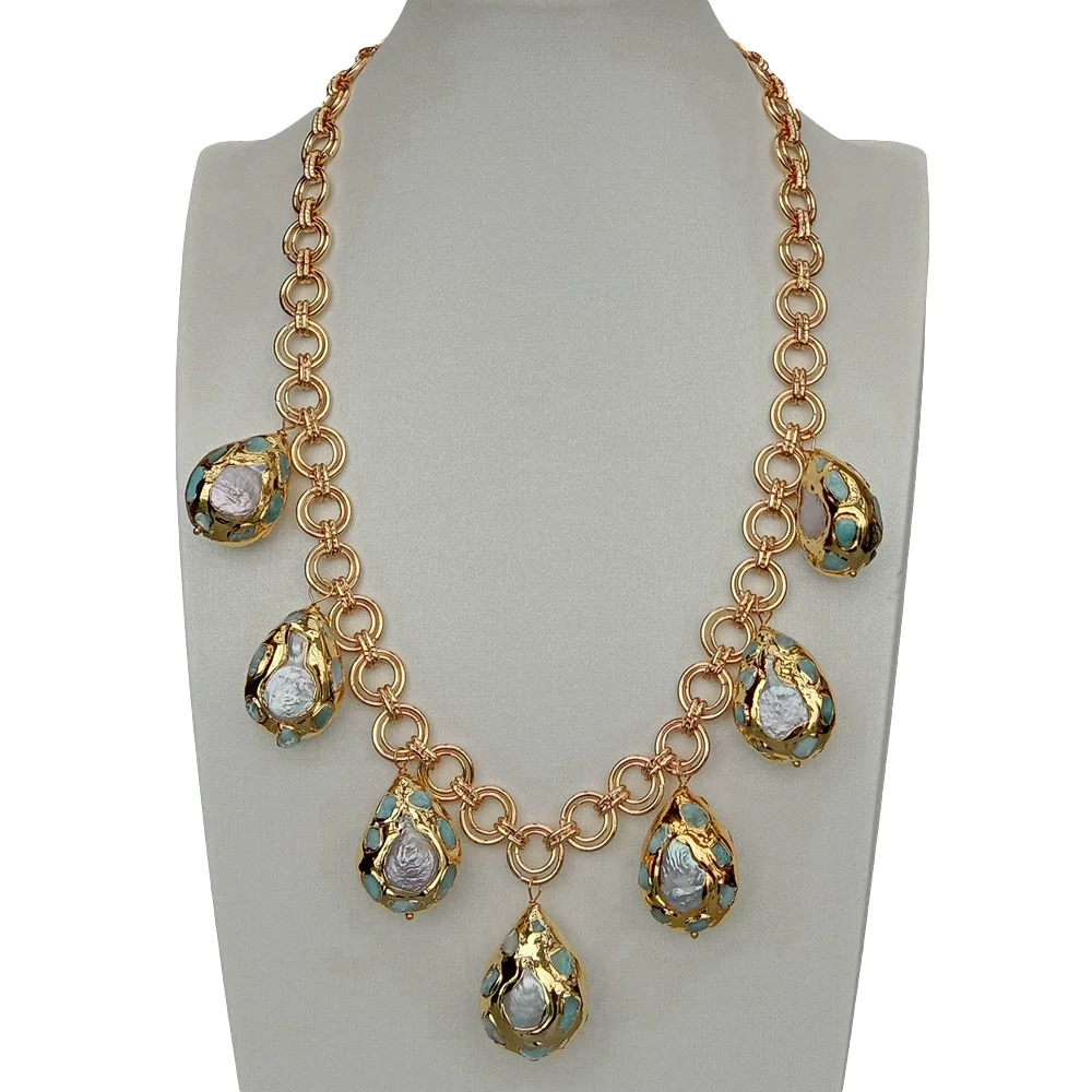 

YYGEM 21" White Coin Pearl Blue Larimar Festoon Necklace