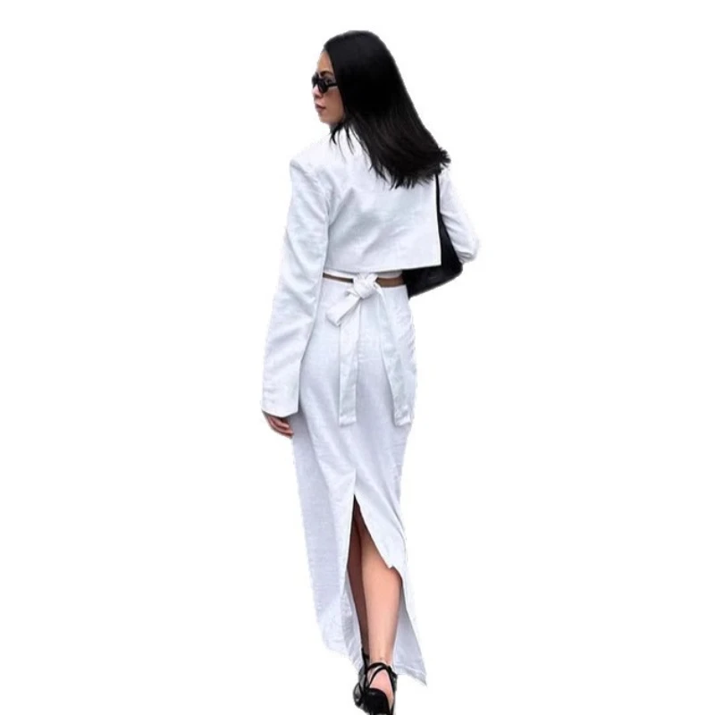 2025 New High Street Commuter White Cotton Hemp Design Short Coat and Half length Long Dress for Women