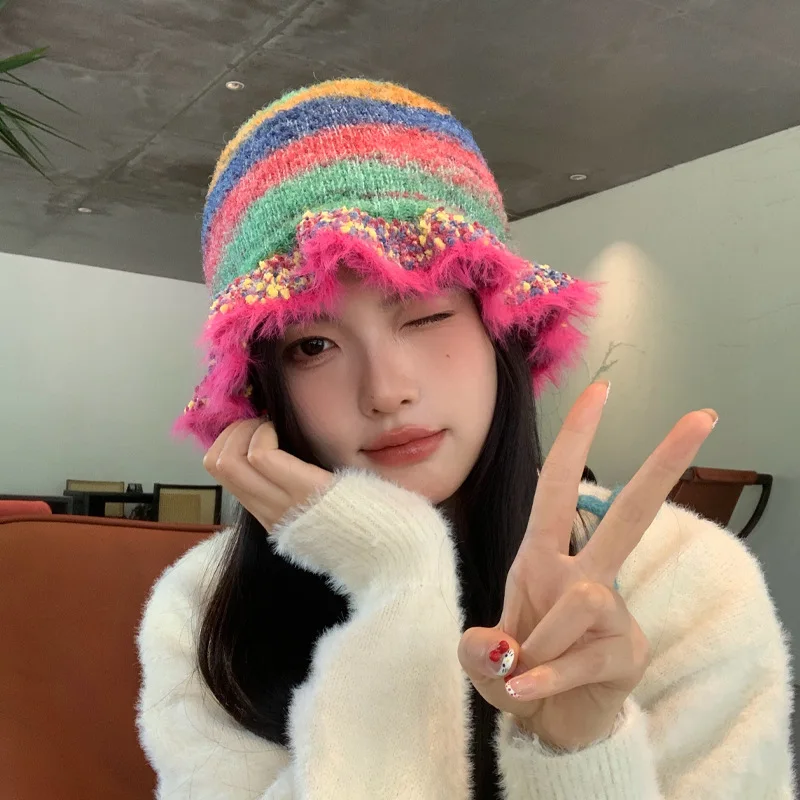 inverno-malha-protecao-de-orelha-chapeu-de-pescador-feminino-engrossado-dopamina-arco-iris-retro-balde-gorro-quente-​