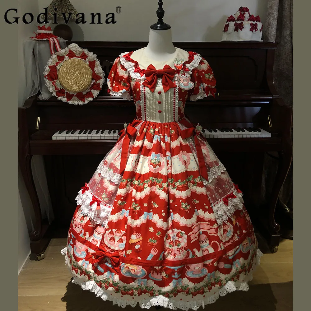 

Strawberry Dress Op for Women Red Lolita Short Sleeve Long Dress Summer New Cute Girls High Waist Slim Birthday Party Pink Dress