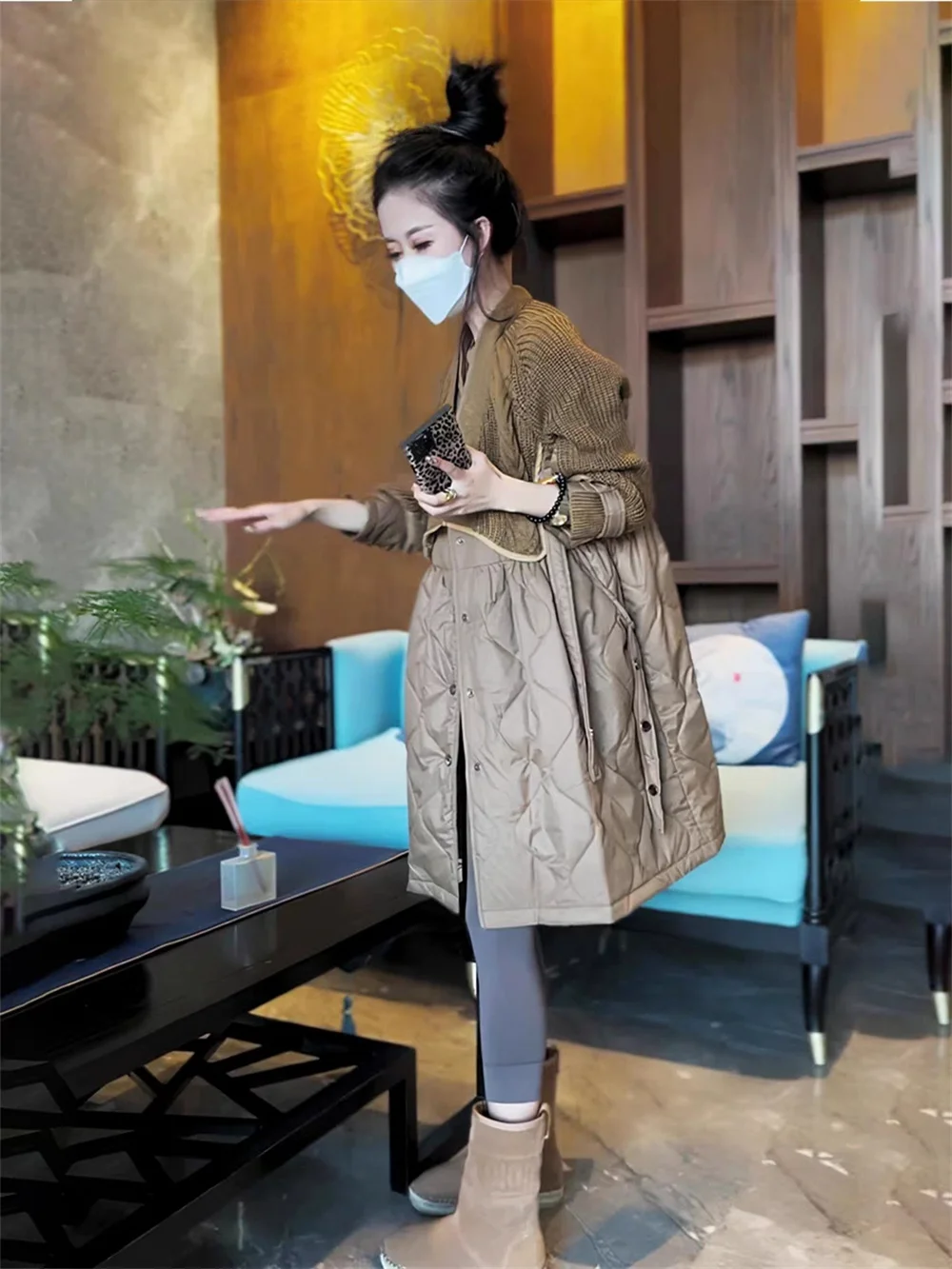 Light Luxury Style Design Sweater Splice Long Down Cotton Coat Women's Autumn and Winter New Coat 2023