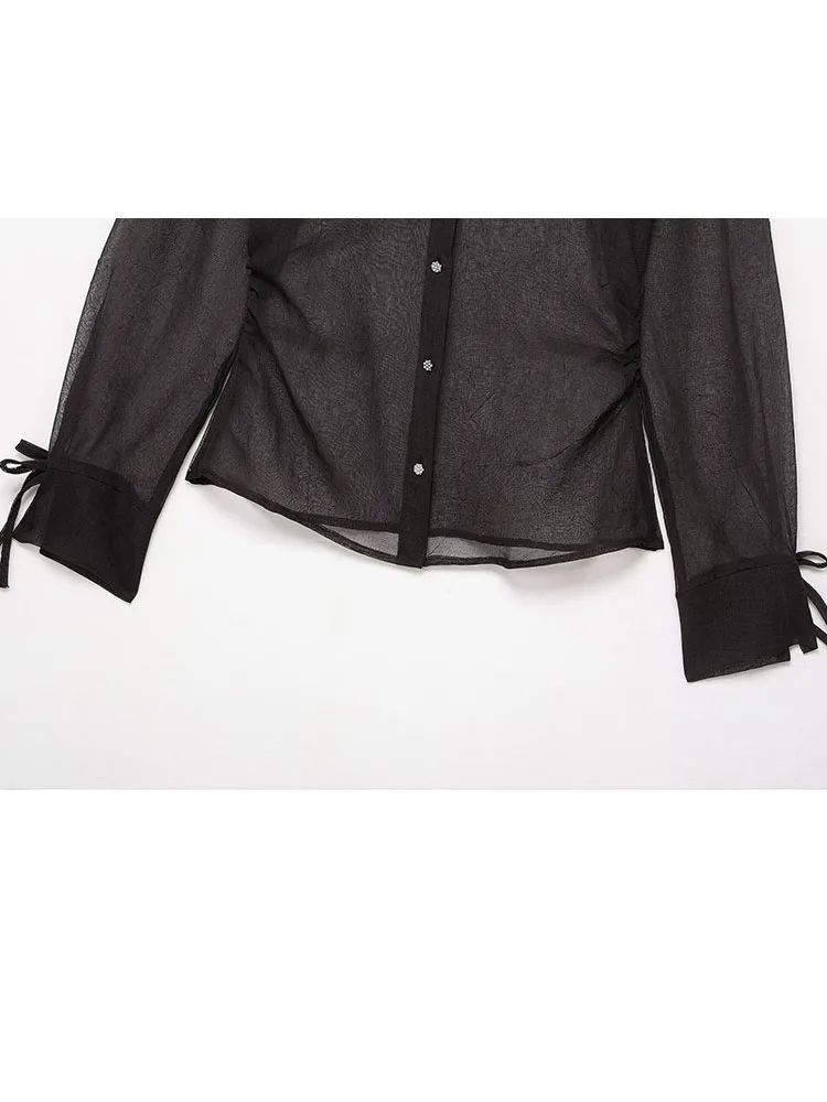 HH Women Autumn New Fashion Bow Decorative Translucent Shirt Female Temperament Sexy Single Breasted Slim Long Sleeve Shirt