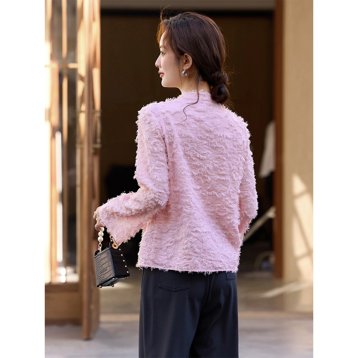 VIMLY Women's Mandarin Collar Shirt 2026 Spring New Casual Pink Fuzzy Textured Frog Button Flare Sleeve Long Sleeve Blouse A3056 - Detail 1