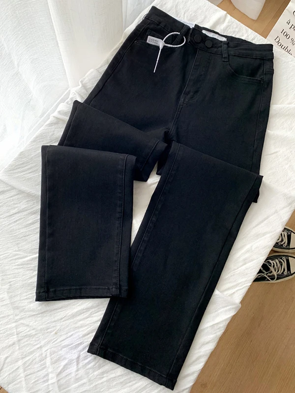 

High Waist Black Denim Jeans Women's Spring Summer Slimming Straight Leg Nine-Piece Elastic Retro plus Size Small Size