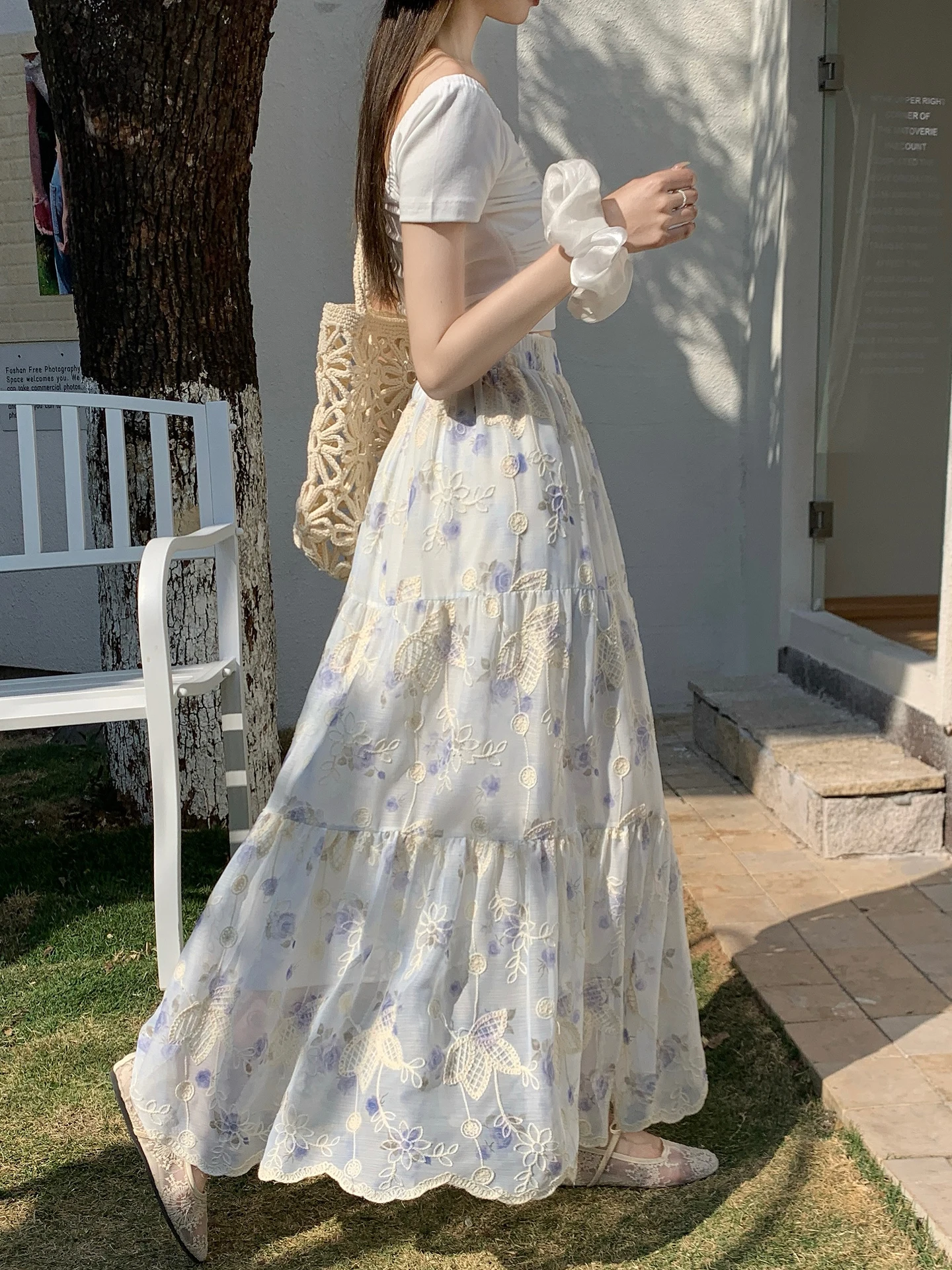 

Heavy Embroidery Floral Long A-Line Skirt High Waist Slimming Drapey Half-length Women's Summer Fashion Korean Style Commute