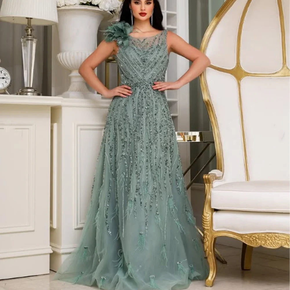 

Customized High quality Formal Exquisite Sequin Feather Beading Ruched A-line Scoop Neck Long Dresses Prom Dresses Fashion