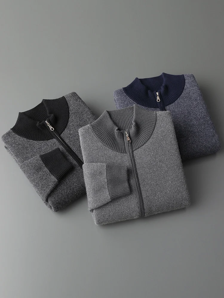 Autumn Winter 100% Goat Cashmere Men's Zipper  Knit Cardigan Swearter Mock Neck Sweater Thick Business Casual Outerwear Jackets