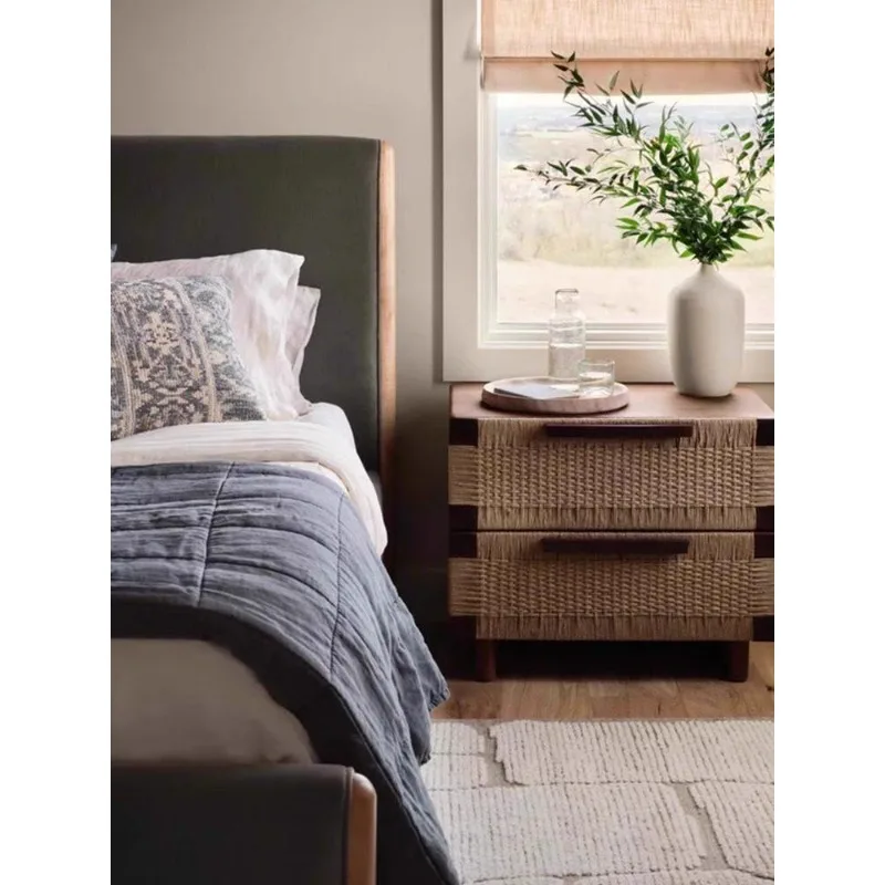 Medieval retro color solid wood bedside table wabi sandy wind ash wood bedside table hand woven double drawer bedside table