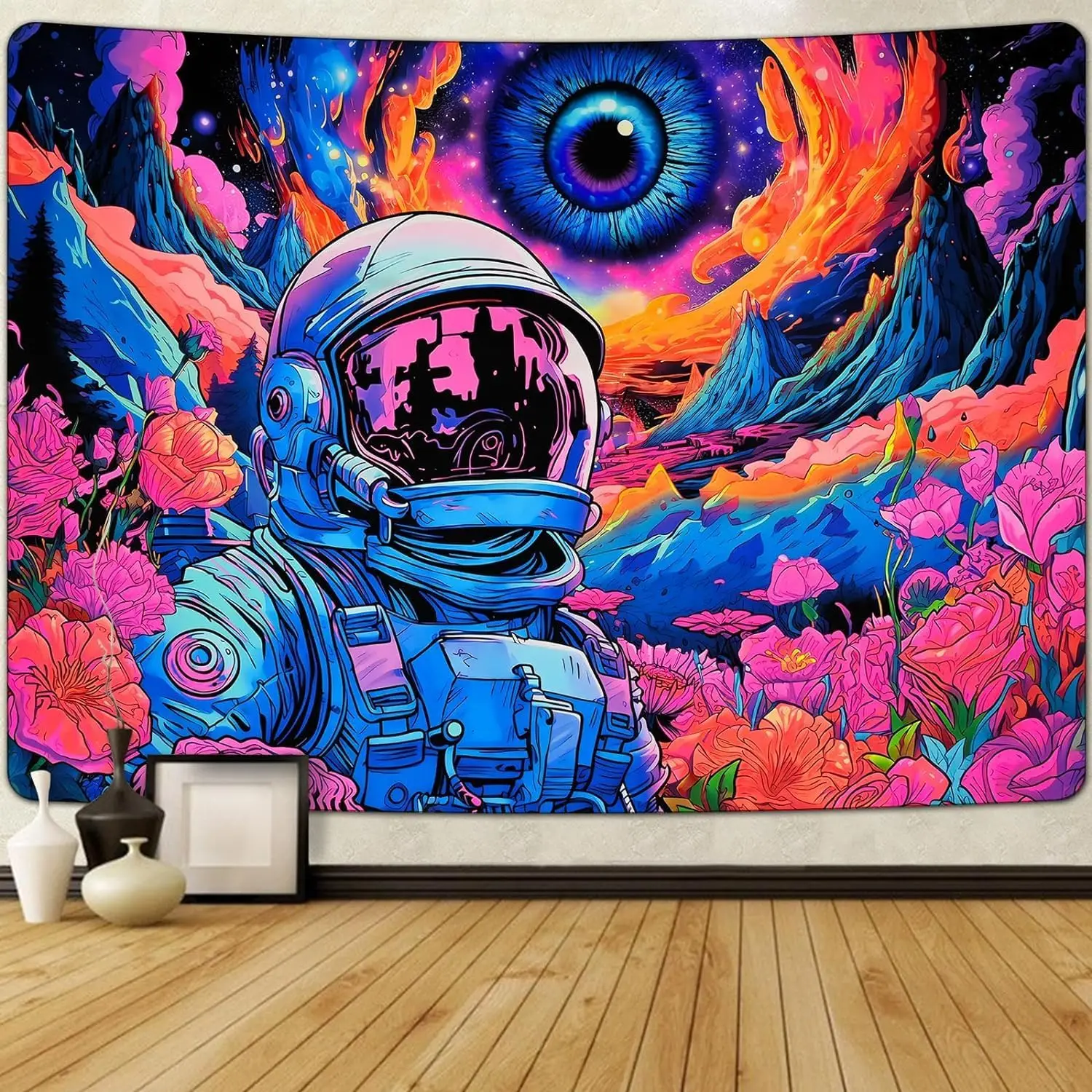 Blacklight Astronaut Tapestry –  Neon Galaxy with Hippie Eyes & Cosmic Flora for Bedroom Wall Decor
