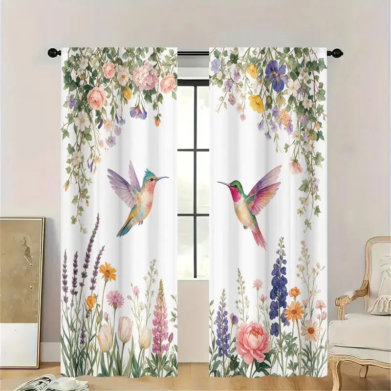 Watercolor Hummingbird Floral Curtain Panels Botanical Garden Window Curtains Sheer Light Filtering Decor for Kitchen Bathroom S