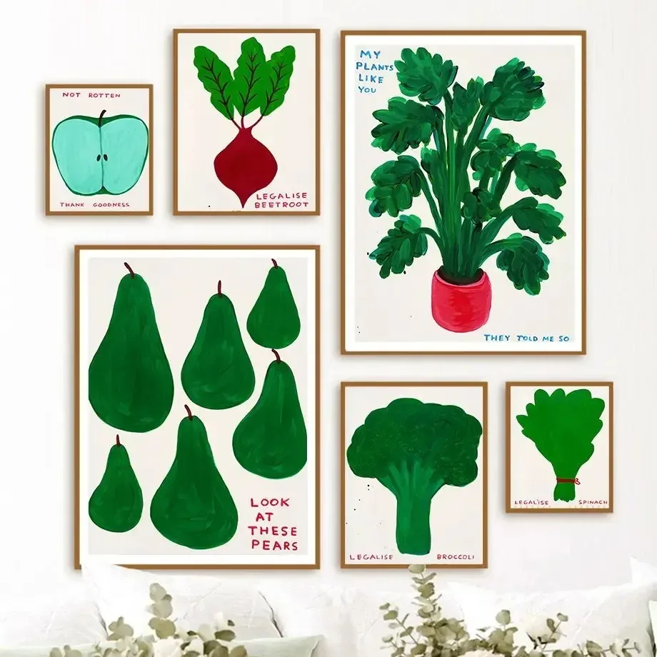 Funny Poster David Shrigley Green Pepper Cactus Broccoli Apple Radish Wall Art Print Canvas Painting Pictures Kitchen Decor