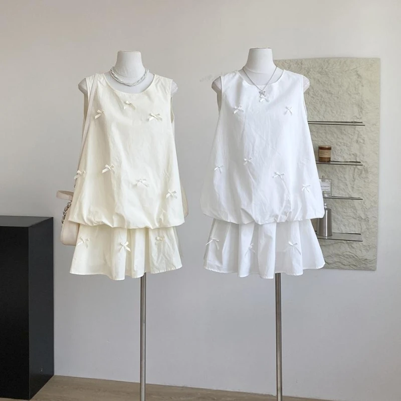 Summer new French style sweet age reducing loose sleeveless vest+pleated short skirt women solid color elegant two-piece set