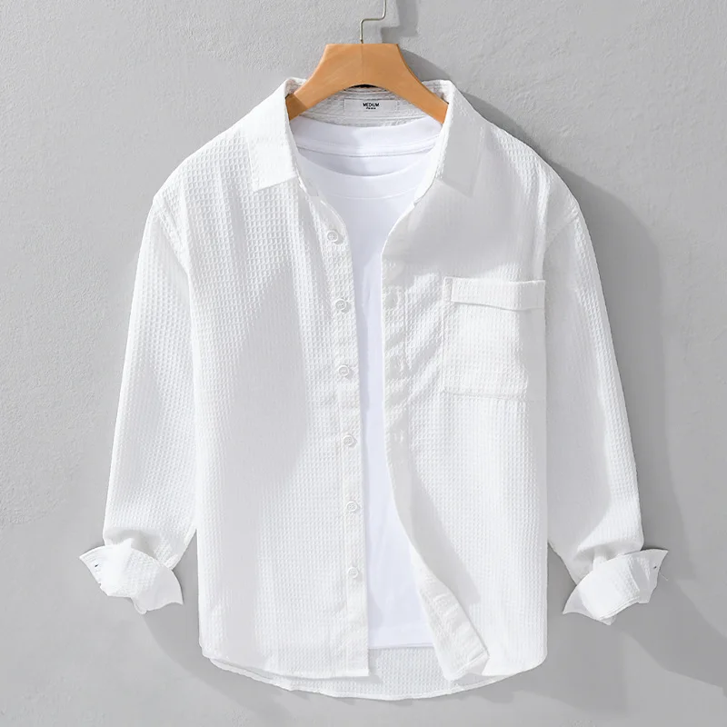 

Мужская повседневная рубашка с длинным рукавом, текстурированным дизайном, однотонная, с эластичным воротником, осенняя, модная, удобная, из утолщенного фланеля.